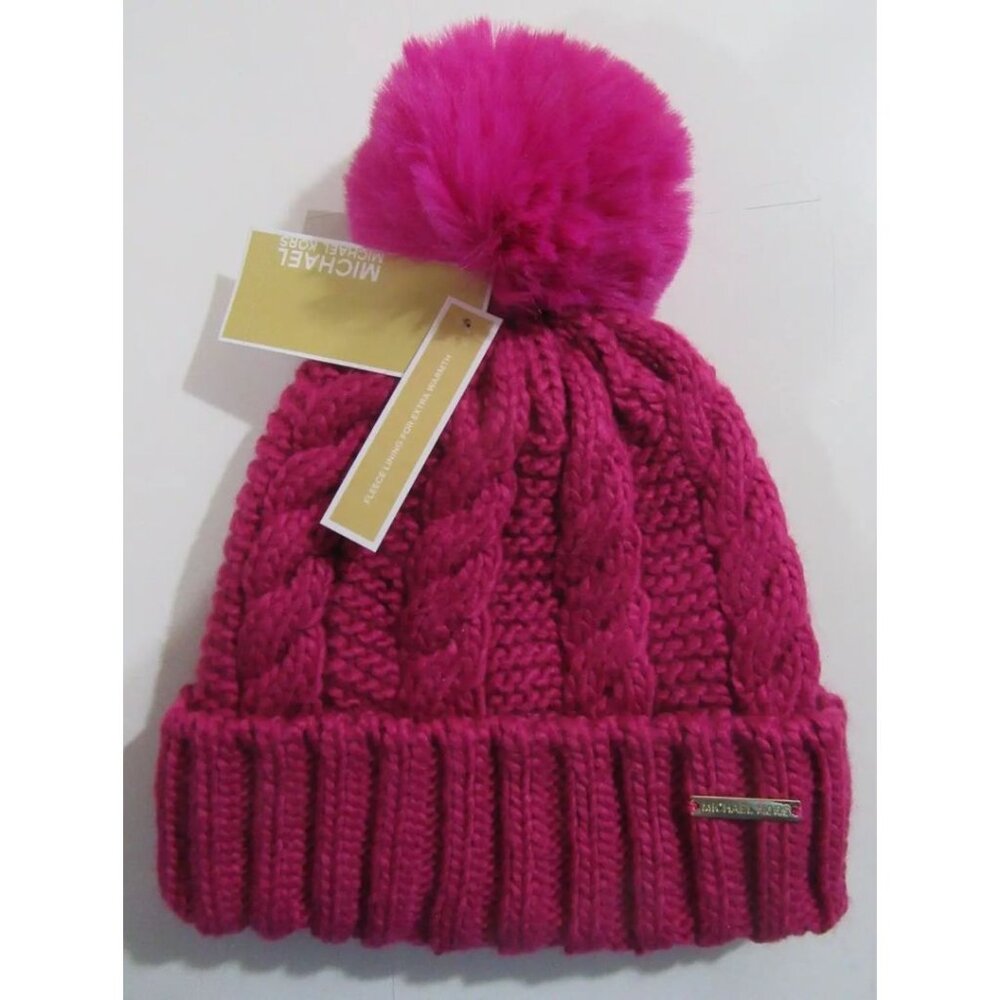 Michael Kors Cable Knit Hat Fuchsia One Size Fleece Lining Extra Warmth NWT NEW